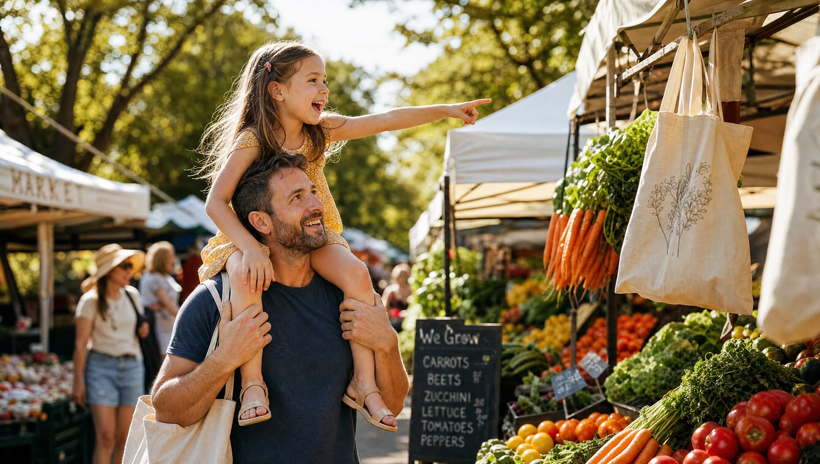 A dad with his daughter on his shoulders at a farmers market
