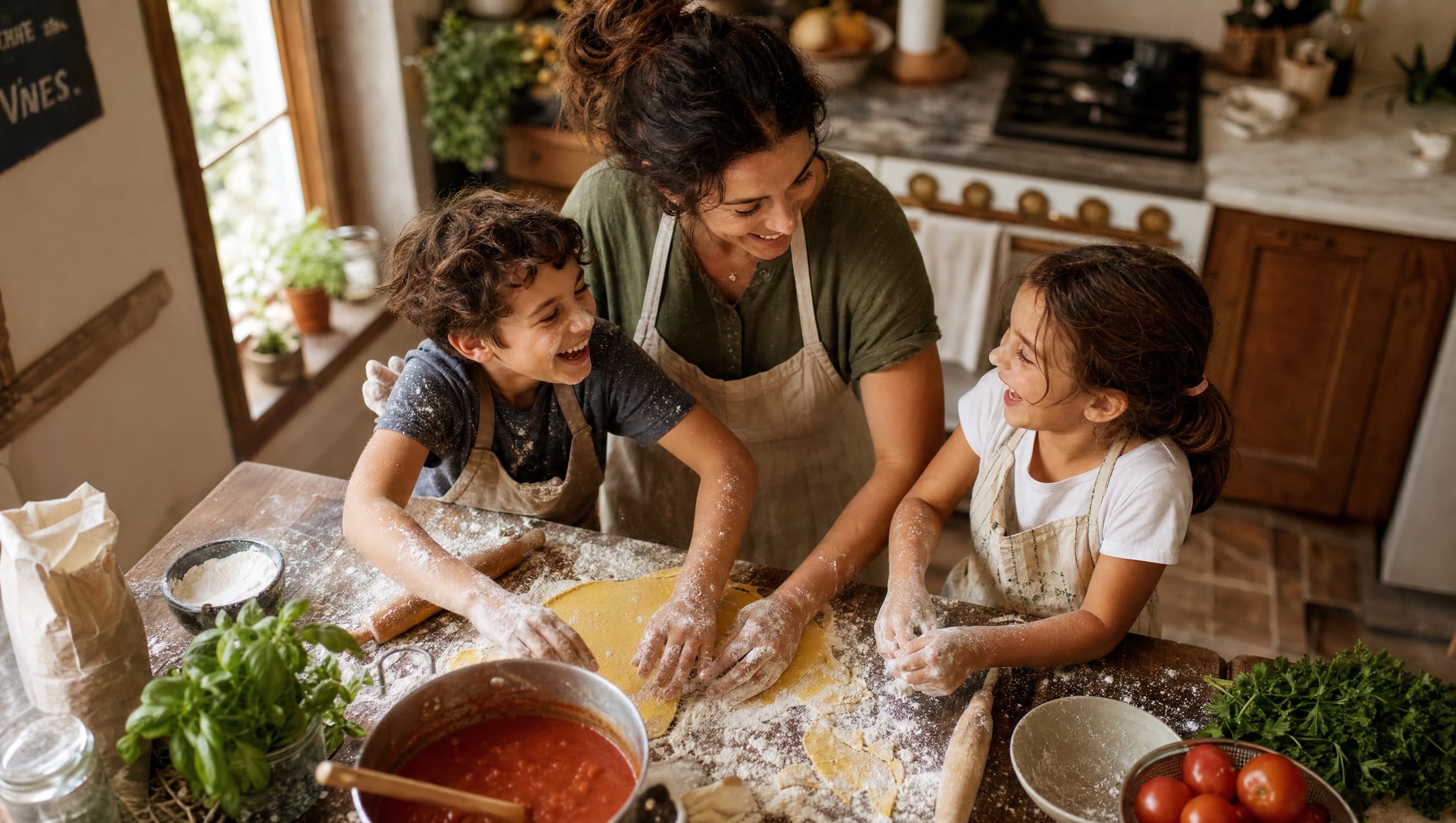 A mum and two kids rolling pasta dough together in a flour-covered kitchen