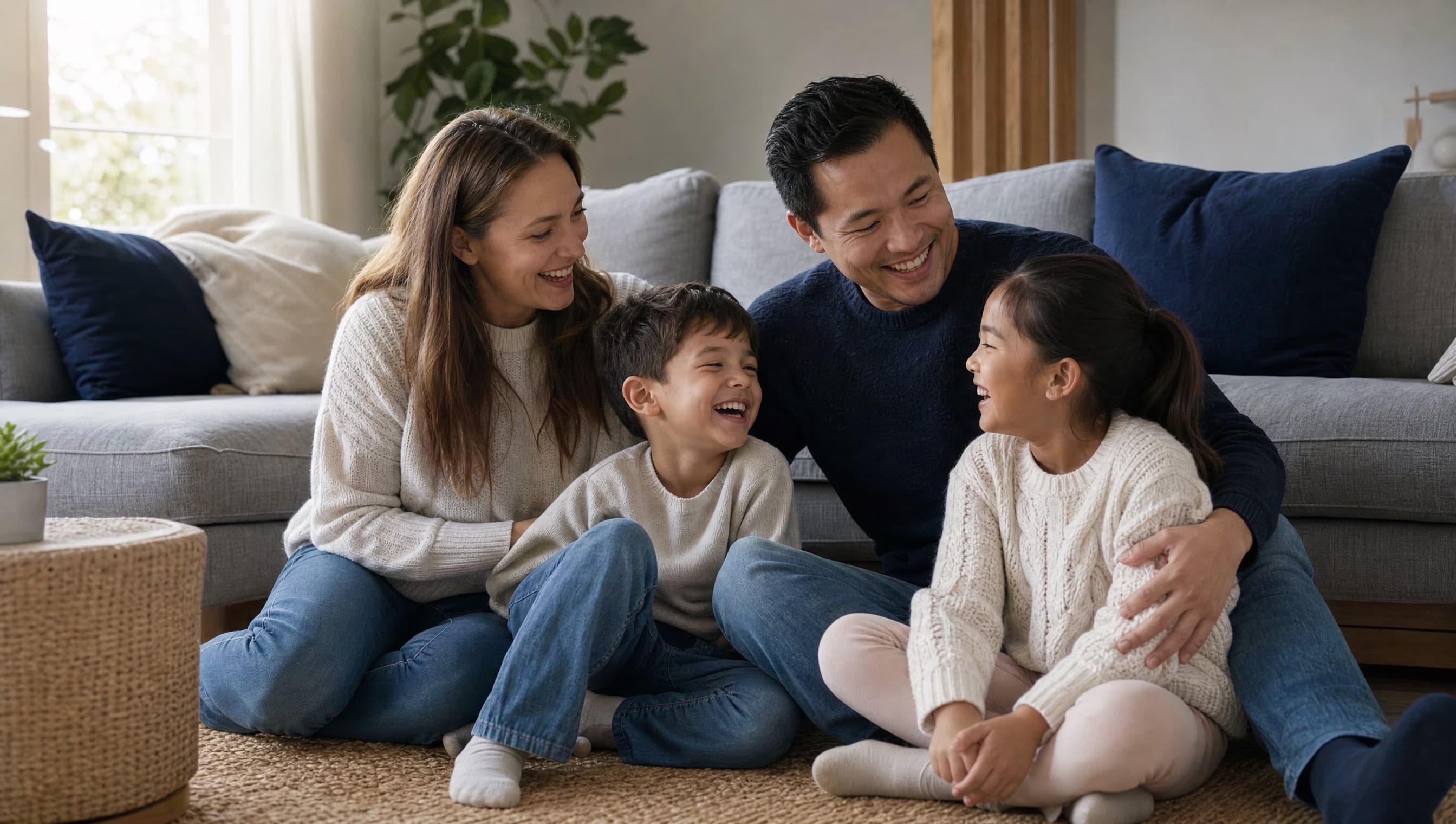 A family of four laughing together on the living room floor