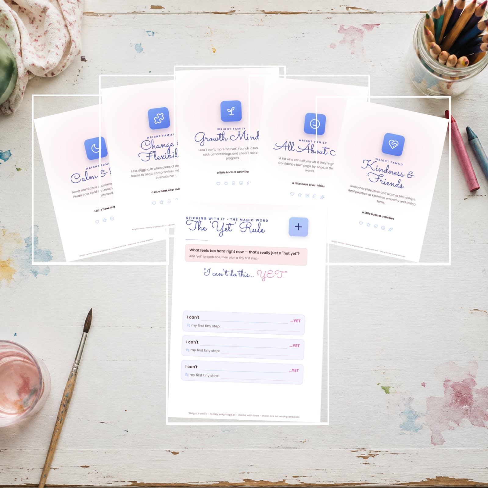Printed pages from The Growth Book on a white-painted family table