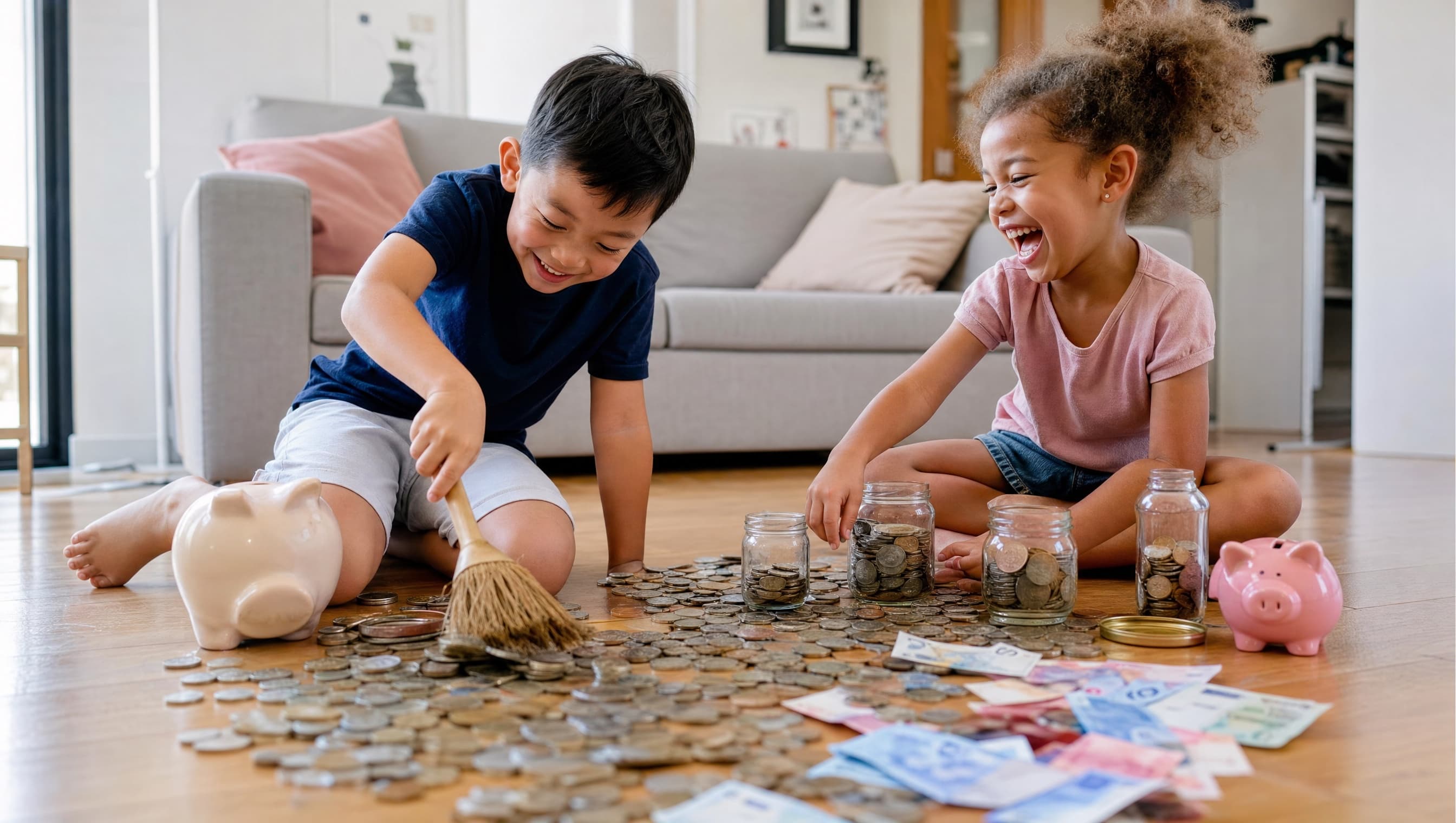 Two kids sitting on the floor sorting coins into jars